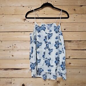 HM Floral Chiffon Camisole Top Blue Cream Pleated Double Layer Size 6